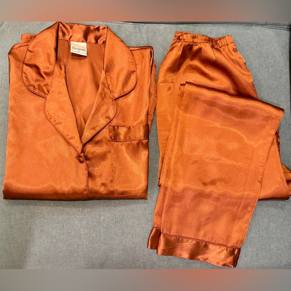 Suzanne Sommers Vintage Satin Pajama Set for Women in Copper Color